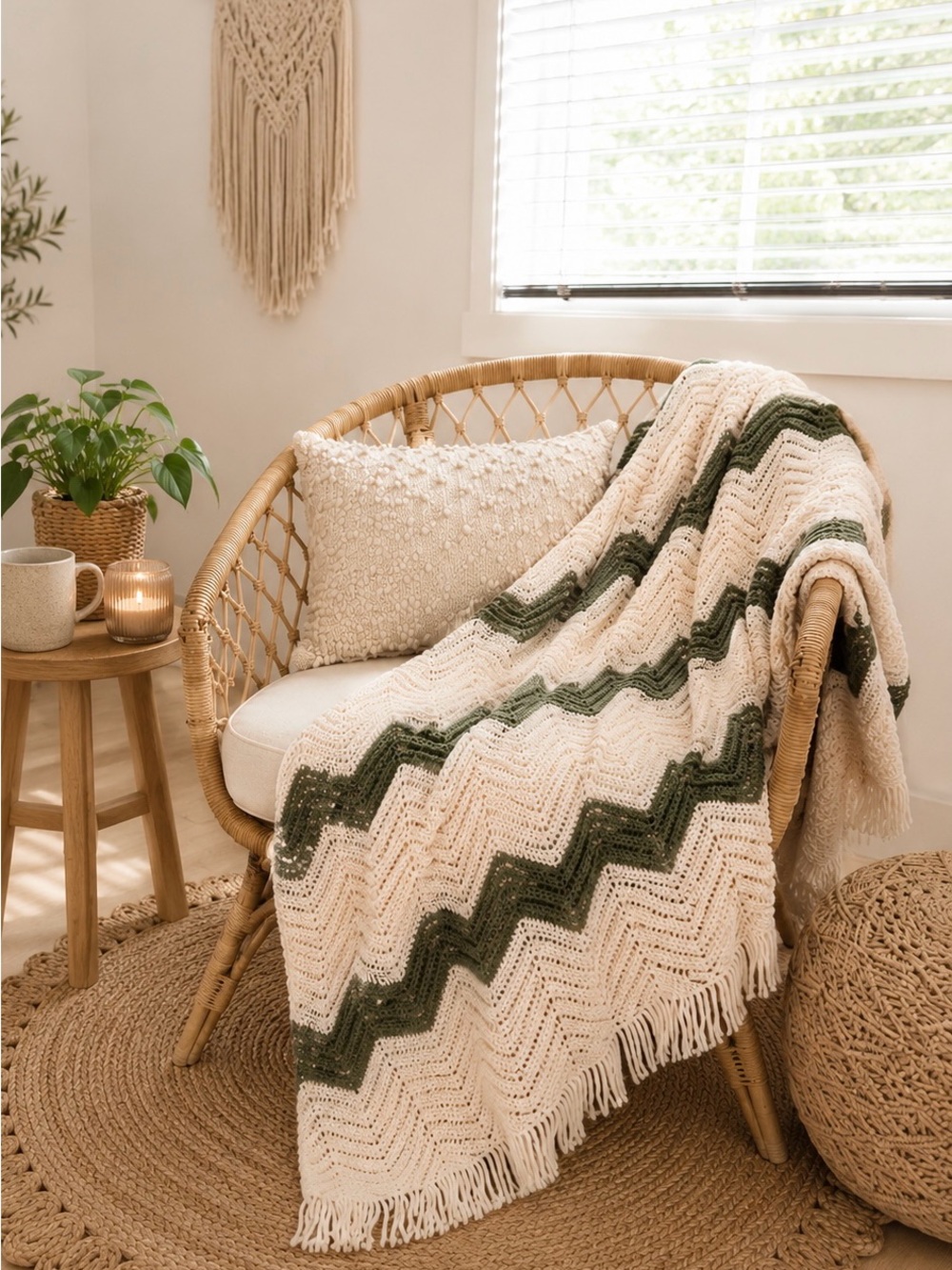Handmade Vintage Chevron Knit Throw Blanket - Cozy Home Bedding Cottagecore